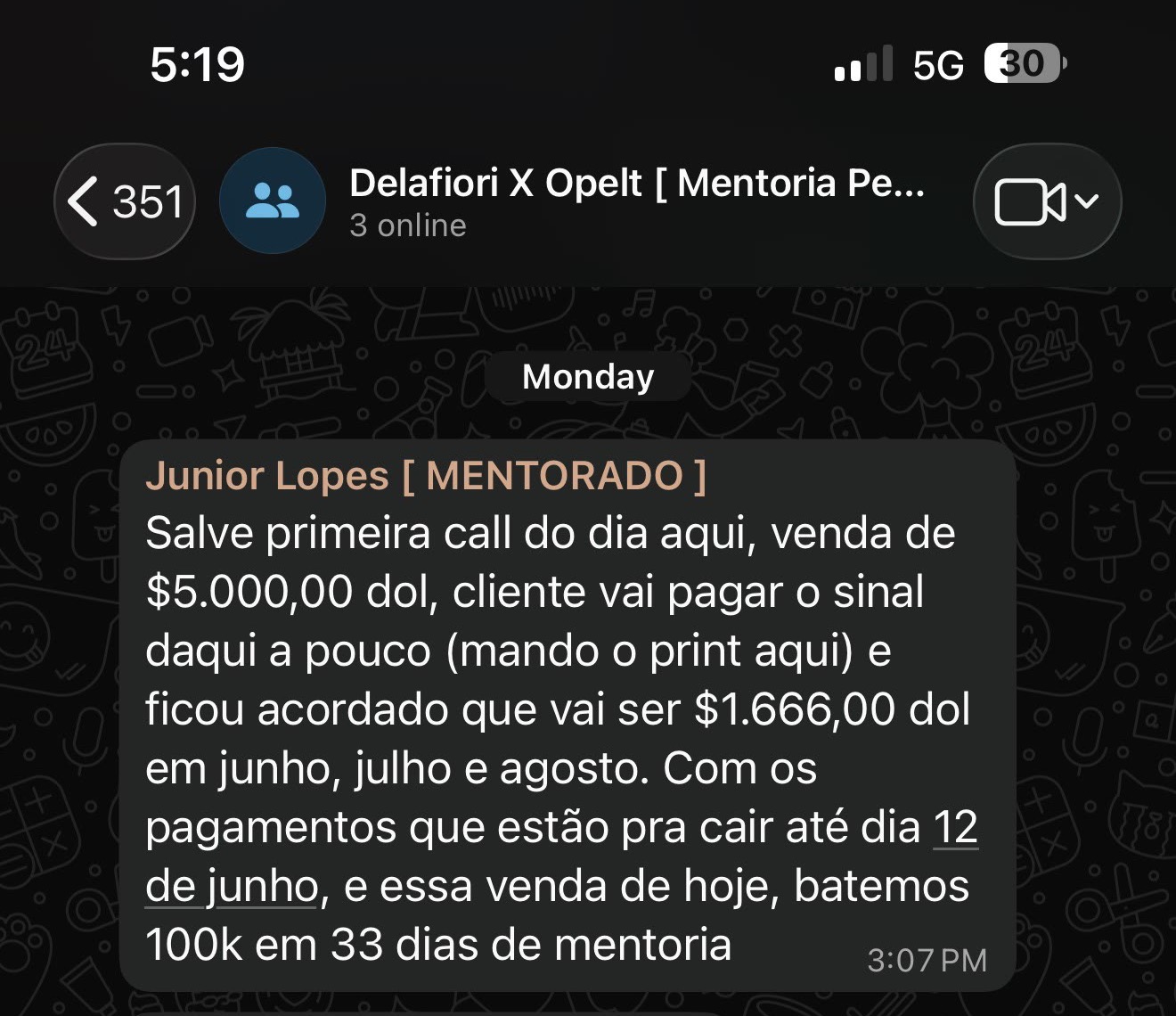 Print do grupo da mentoria: Junior Lopes anuncia venda de 5 mil dólares e 100k em 33 dias de mentoria